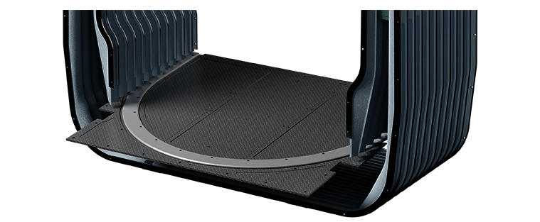 Detailansicht des Drehtellers eines Übergangsystem einer Straßenbahn.