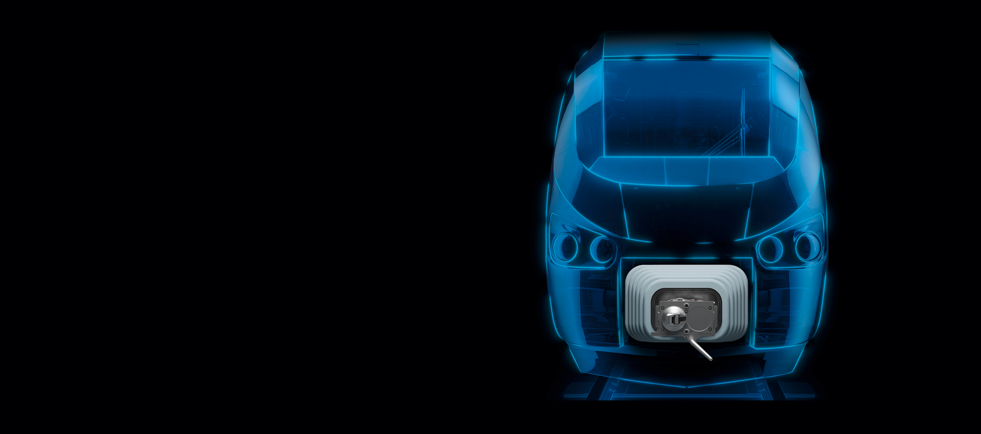 Rendering des HÜBNER FrontAdd-System, wie es an einem Zug montiert aussieht.